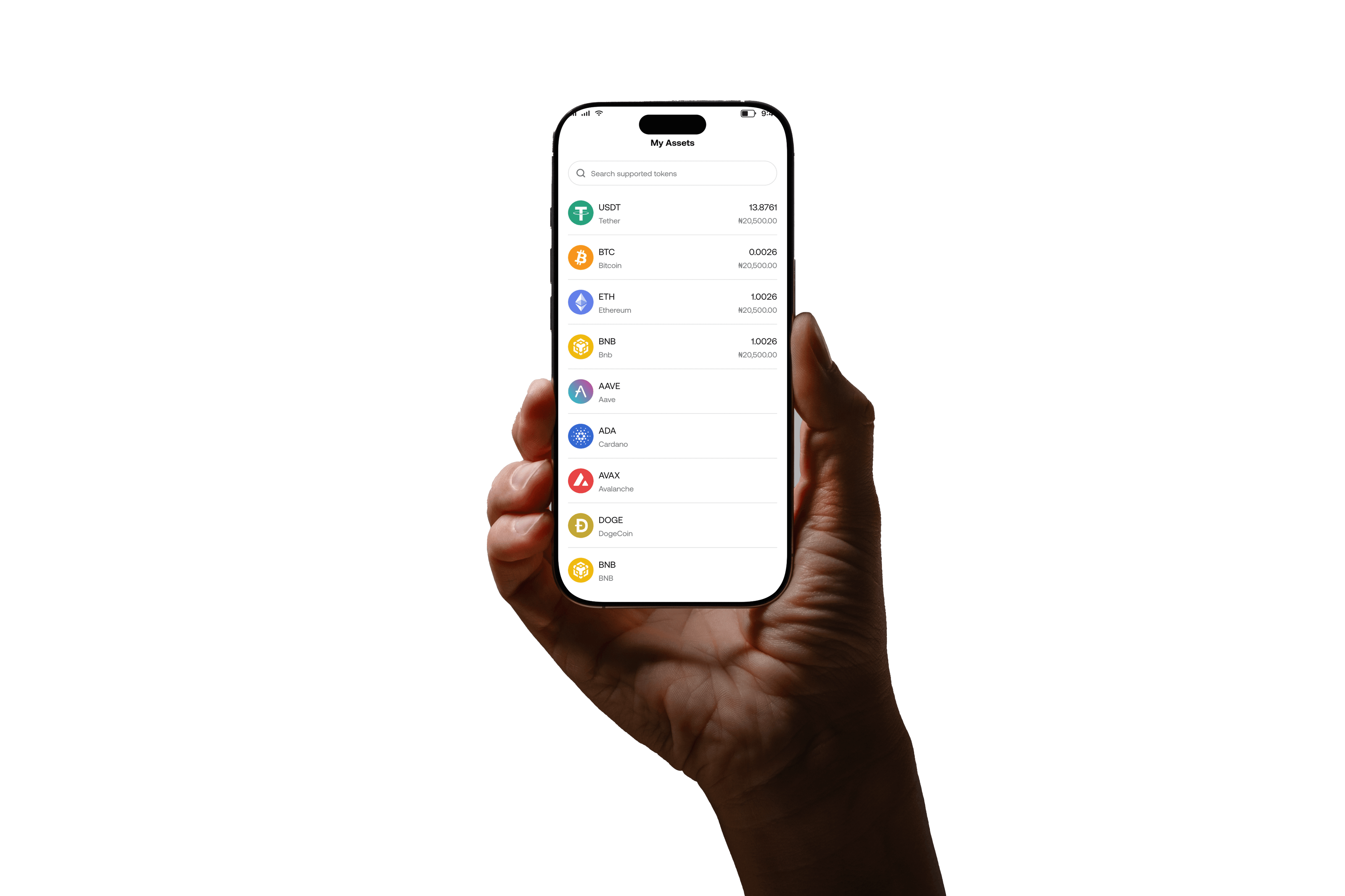 Hand holding phone showing crypto assets